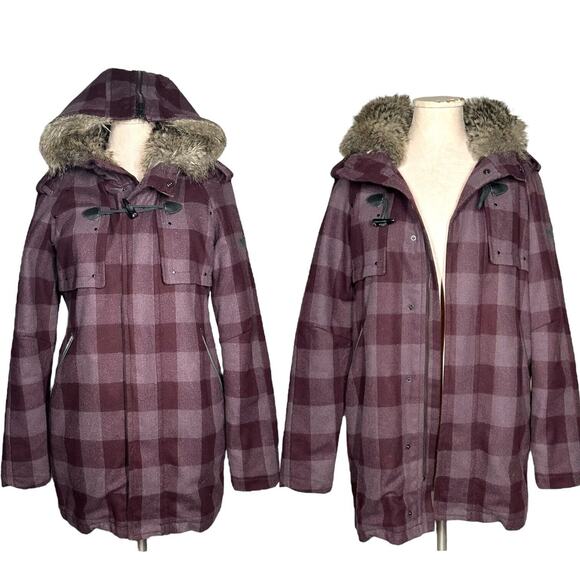 DIESEL Genuine Sheep Fur Wool Convertible Hood Plaid Parka Coat Jacket Maroon S - Picture 4 of 12